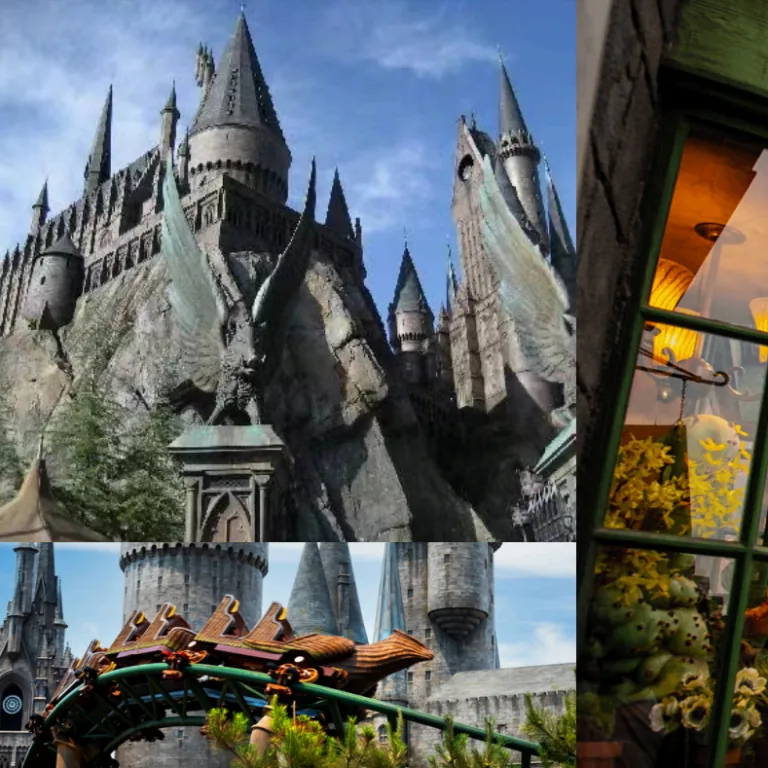 Hogwarts castle and a dragon-themed roller coaster are featured in this theme park collage.