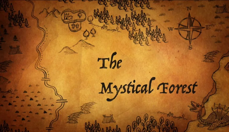 A hand-drawn map of a mystical forest features a winding river, a compass rose, and a dragon.