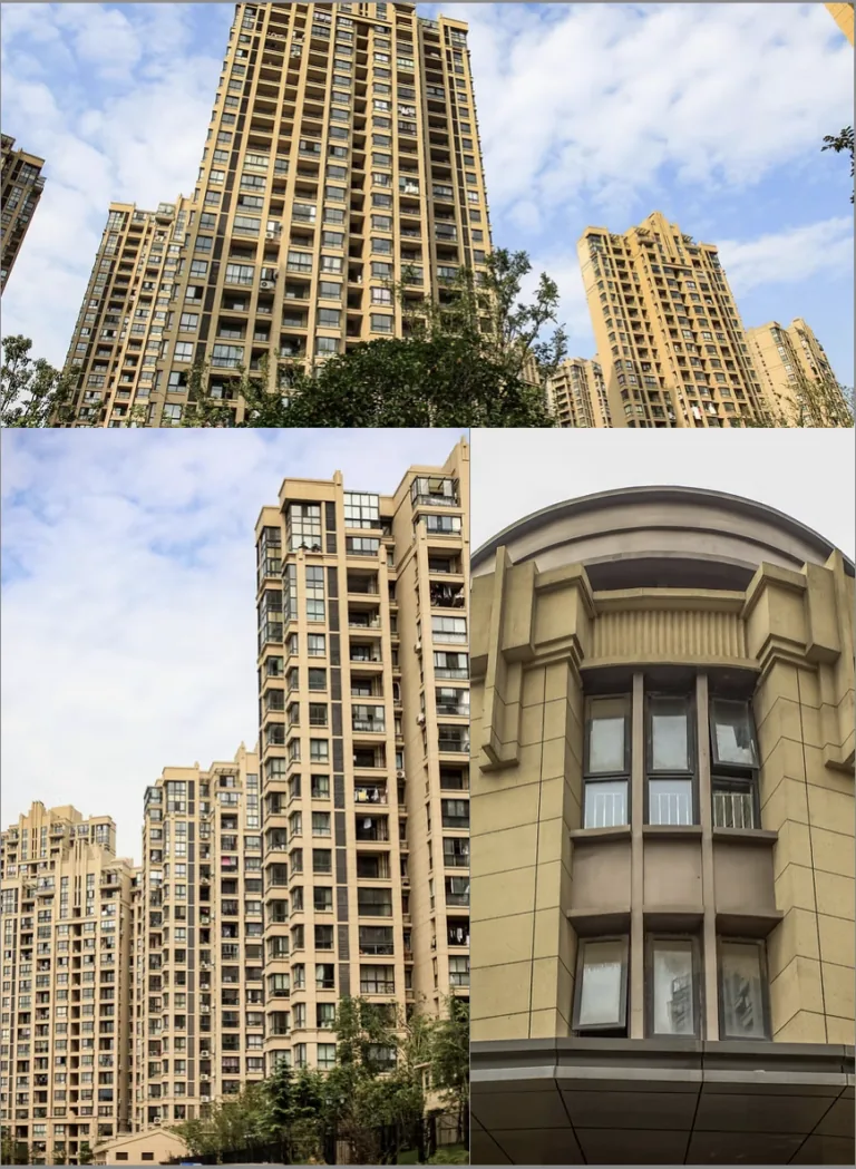 Tall beige apartment buildings with many windows stand under a cloudy sky in Shanghai.